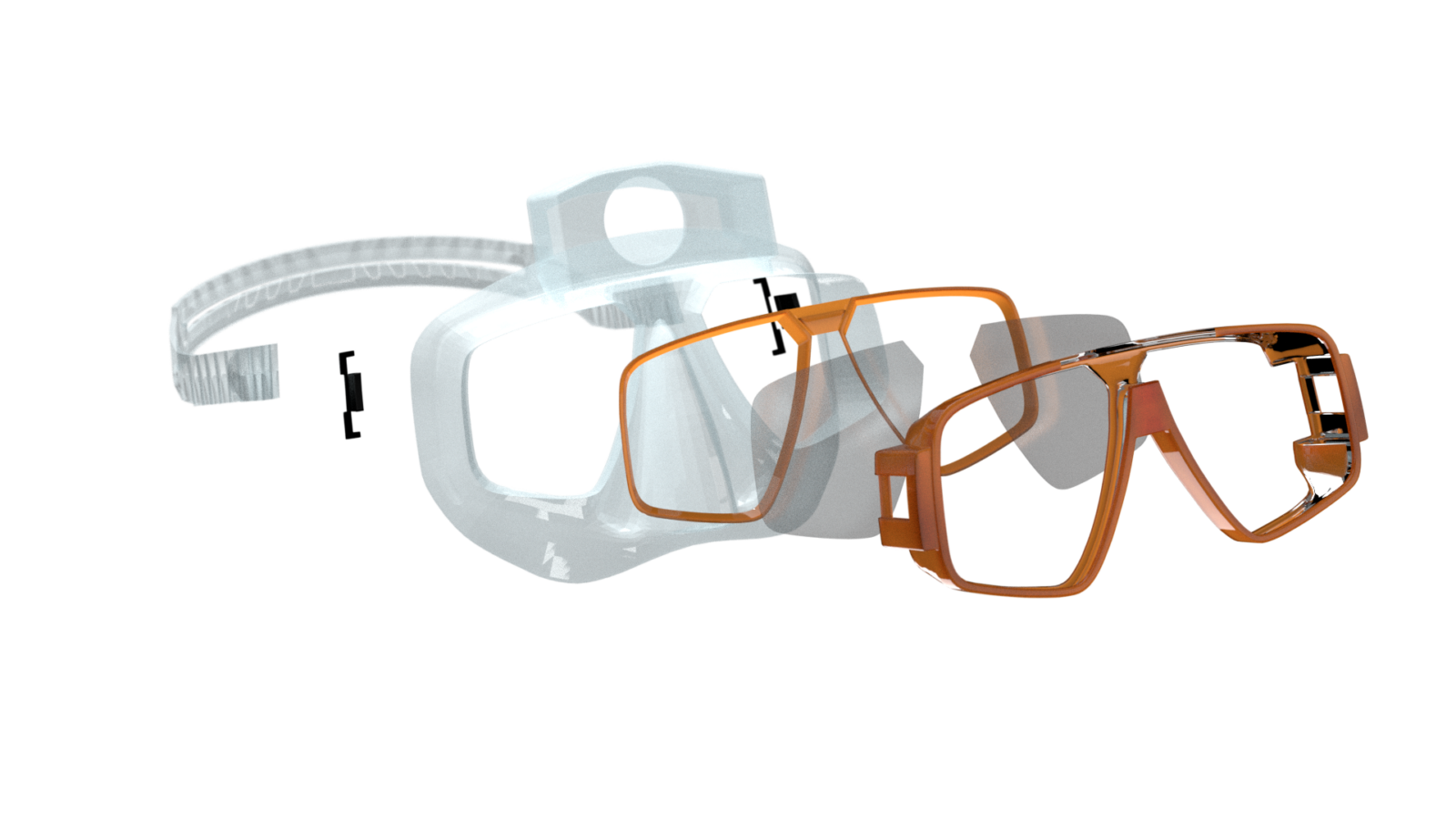 Exploded view of goggle parts. The silicone layer features silicone pocket on top that the camera can slip within