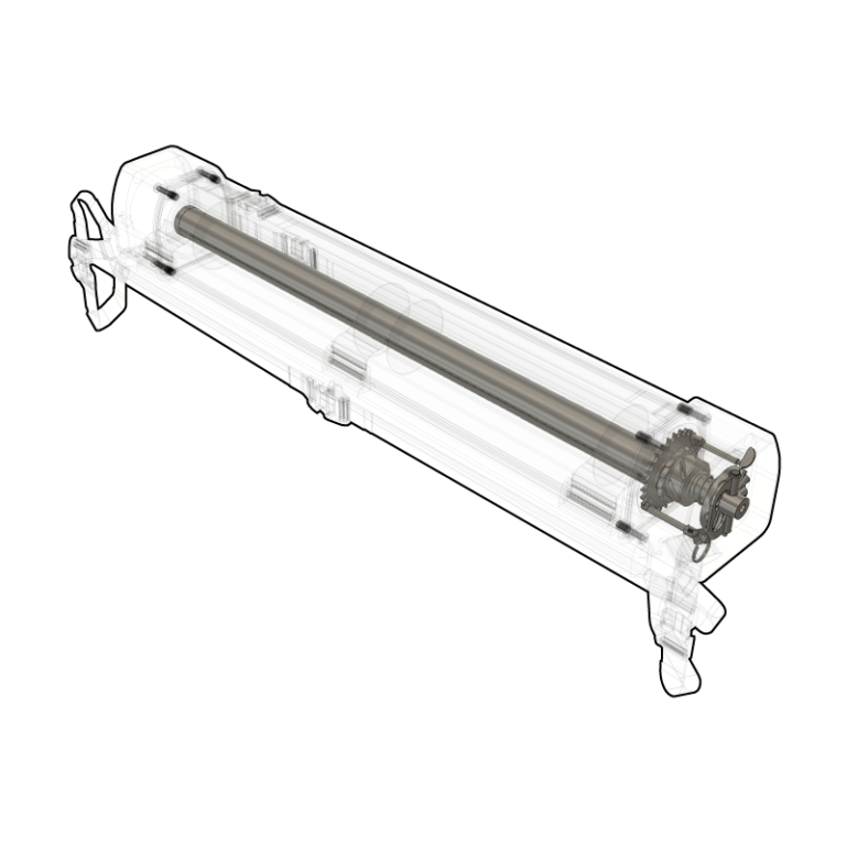 The torsion assembly, the long cylindrical component in the centre which the wrap attaches to, provides the mechanical power through a torsion spring that powers the retraction of the wrap.