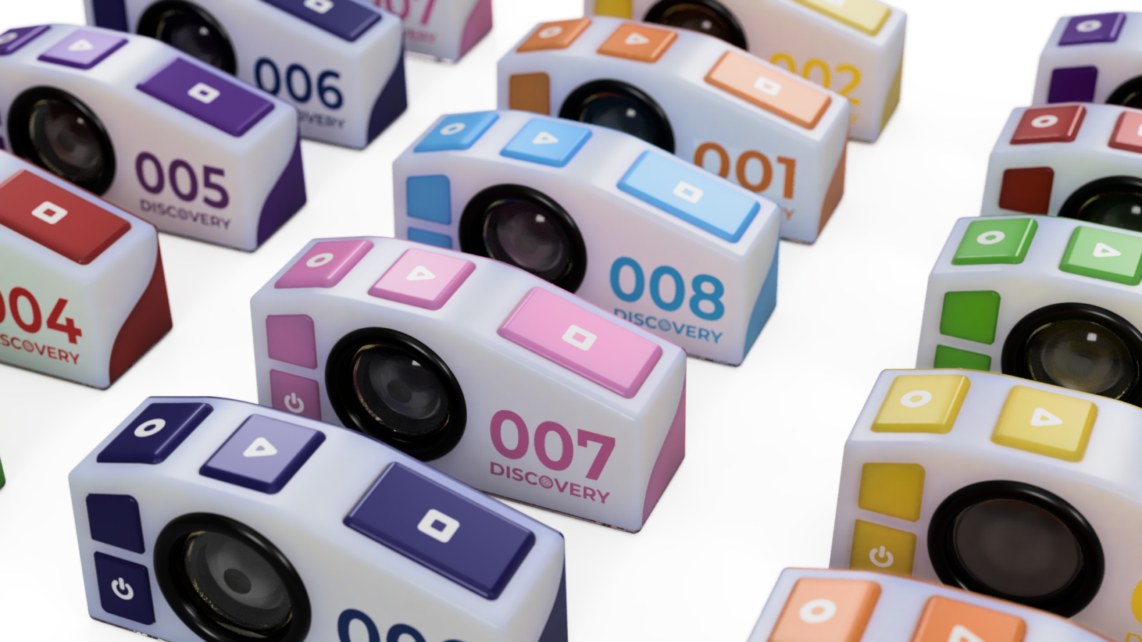 Shows a range of the cameras. Each a different colour and number ranging from 1-8